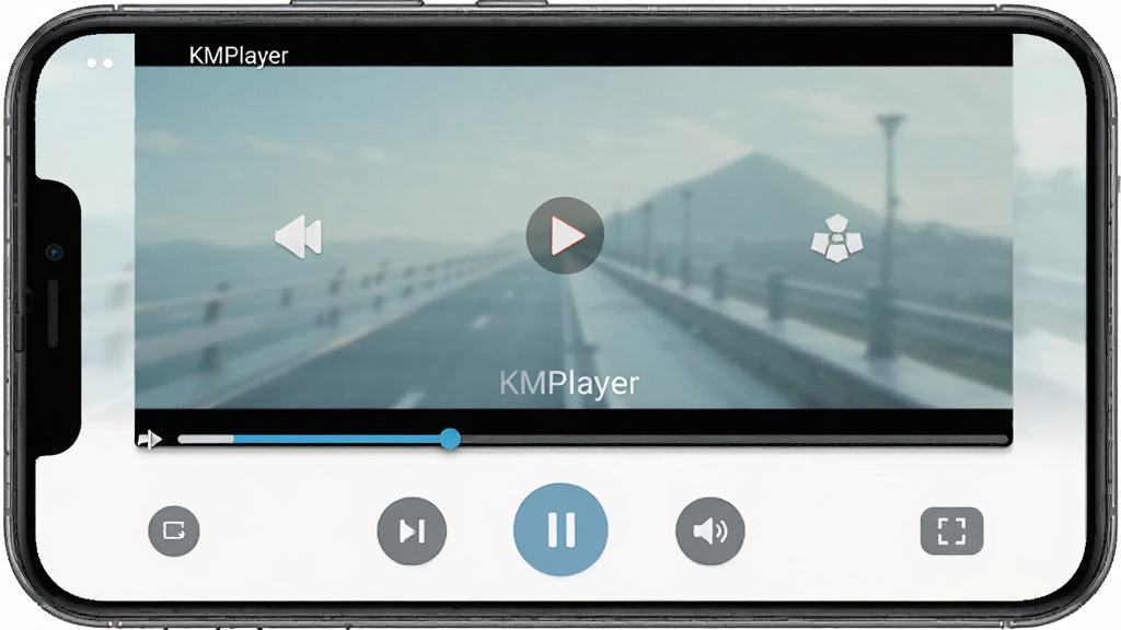 主体:KMPlayer在手机上的播放界面;布局:竖屏播放,上方视频画面,下方控制栏;排版:触控按钮大而清晰;风格:极简风格,色彩柔和;细节:显示播放进度条、音量图标、全屏按钮,界面标注