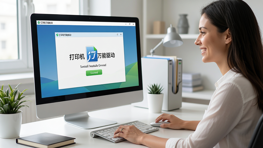 一张用户正在电脑前操作“打印机万能驱动”软件的场景图,主体为电脑屏幕显示驱动安装成功界面,用户面带微笑,环境为整洁的办公桌,布局自然,风格写实,细节丰富,画质清晰,干净无多余元素。