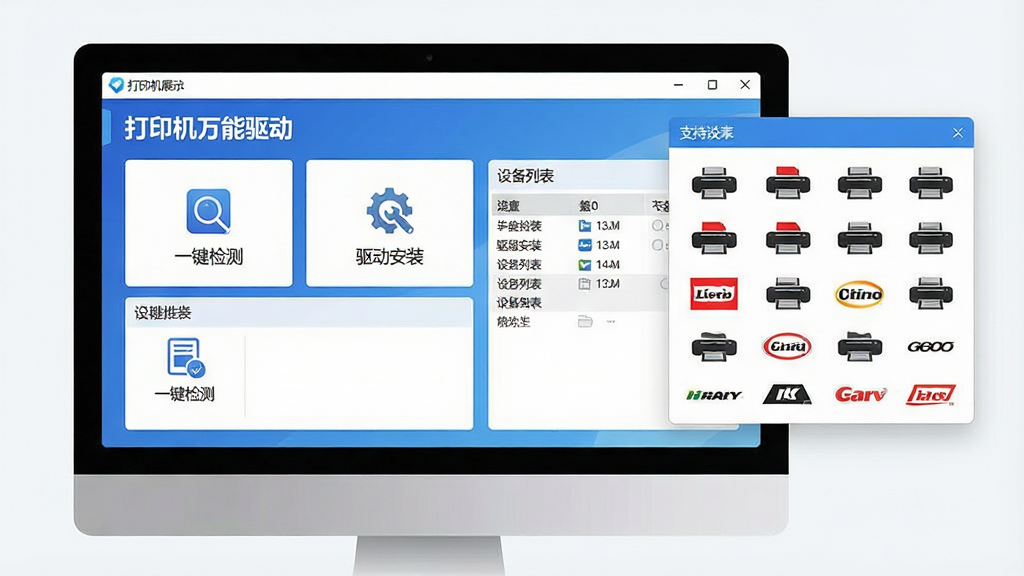 一张高清产品功能展示图,主体为电脑屏幕中打开的“打印机万能驱动”主界面,界面清晰显示“一键检测”、“驱动安装”、“设备列表”等模块,右侧悬浮窗展示支持打印机品牌Logo墙,布局大气规整,排版简约现代,风格明亮专业,细节丰富,画质细腻干净,无多余元素。