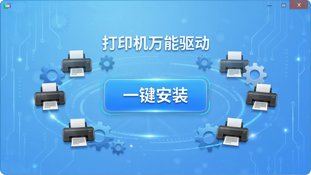 一张一键安装过程的动态效果图,主体为“打印机万能驱动”安装界面,中央有一个醒目的“一键安装”按钮,周围环绕着打印机图标和齿轮图标,背景为淡蓝色科技感渐变,布局居中,排版简洁,风格现代,细节丰富,画质清晰,干净无多余元素。