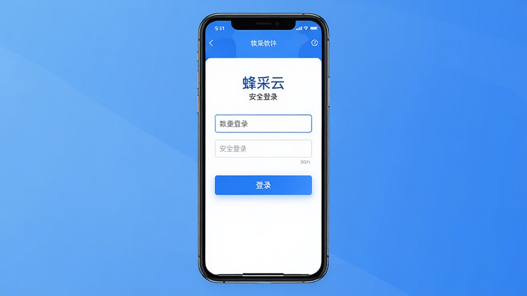 主体为手机屏幕显示蜂采云软件登录界面,背景为简洁的渐变蓝色。布局为手机居中,屏幕内显示输入框和“登录”按钮。排版为垂直居中,界面简洁。风格为扁平化,色调以蓝白为主,细节上突出“安全登录”字样。画质高清,干净无多余元素。