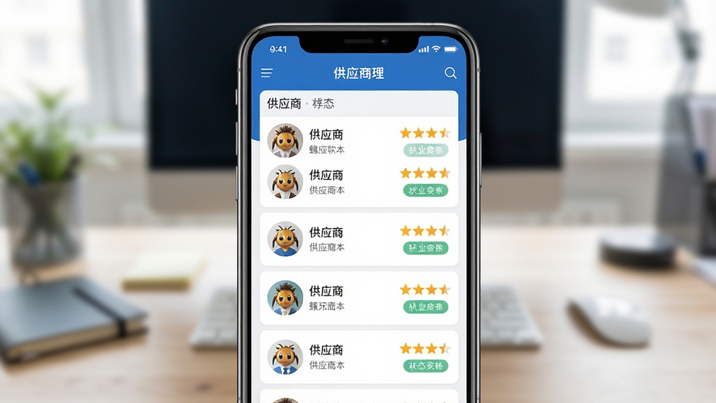 图片主体为蜂采云软件在手机上的供应商管理界面,屏幕内显示供应商列表和评分星级,背景为虚化的办公桌。布局为手机居中竖屏,界面占满画面主要区域。排版采用列表式布局,每行显示供应商头像、名称和评分。风格为简洁商务风,蓝白配色,细节上突出评分星级和状态标签。画质清晰,干净无多余元素。