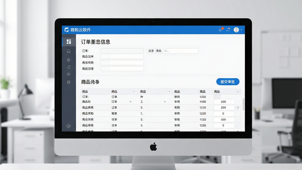 主体为蜂采云软件在电脑上的采购订单创建页面,屏幕中显示订单表格和商品明细,背景为简洁的办公室环境。布局为电脑屏幕居中特写,界面清晰可见。排版采用表单与表格结合样式,上方为订单基本信息,下方为商品明细列表。风格为现代简洁,蓝白灰配色,细节上突出“提交审批”按钮。画质高清,干净无多余元素。