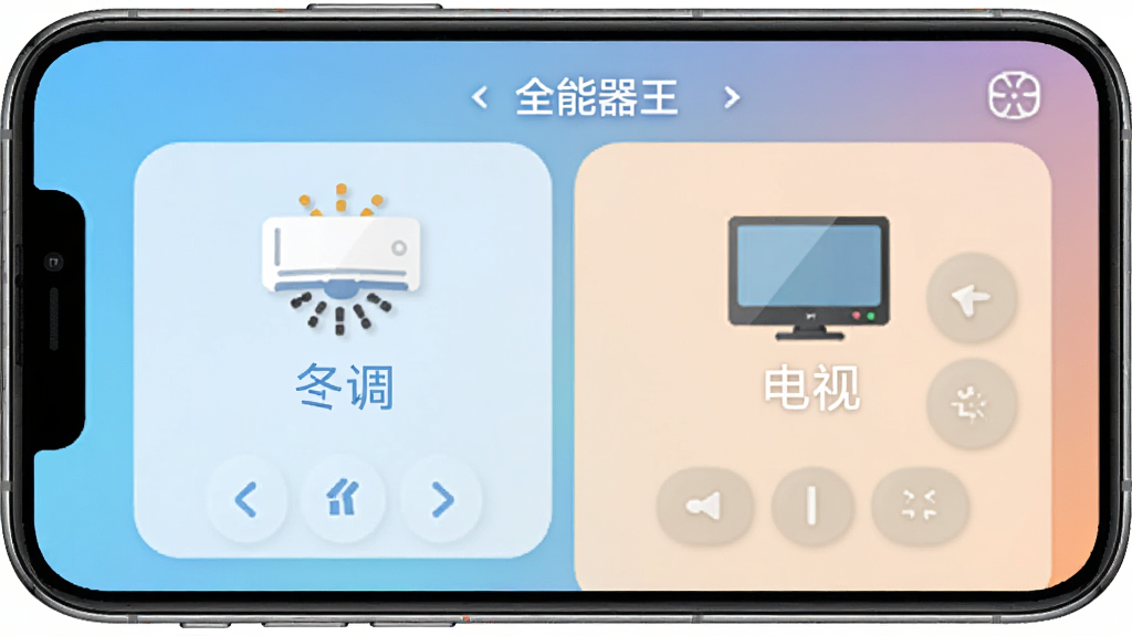 一张展示万能空调电视遥控器全能王简洁主界面的图片,手机屏幕分为空调和电视两个区域,采用扁平化设计,图标圆润,色彩舒适,背景为纯色渐变,画面干净,突出操作便捷性,画质高清。