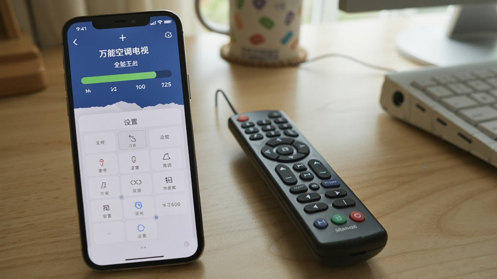 一张展示万能空调电视遥控器全能王智能学习功能的界面截图,手机屏幕显示学习进度条和按键设置界面,旁边放着一个传统遥控器,背景为书桌,画面清晰,光线自然,突出学习配对过程的便捷性,画质干净。