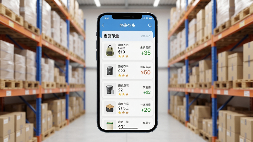主体:智能手机屏幕显示口袋存量主界面,界面有商品列表和库存数字,背景是整洁的仓库货架。布局:手机居中,界面内容清晰可见,周围留白。排版:手机与背景形成纵深感,商品列表从上到下排列。风格:写实3D渲染,明亮通透。细节:界面图表线条流畅,数字清晰,仓库货架整齐有序。画质:8K超清,干净,无多余元素