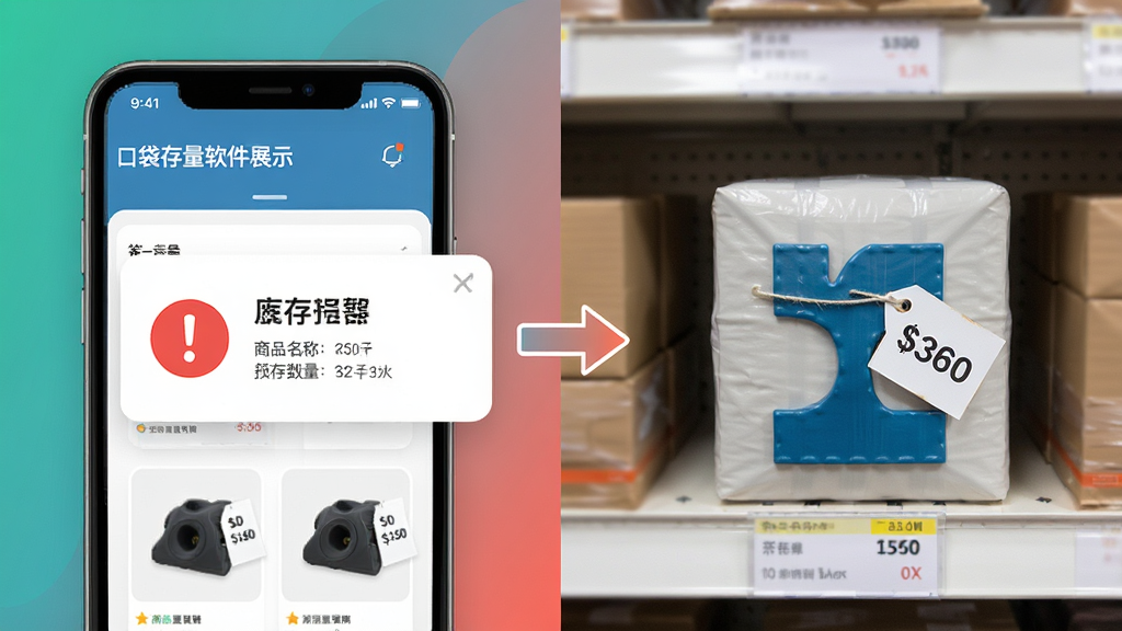 主体:口袋存量软件界面展示库存预警通知,手机屏幕上有红色感叹号提醒,旁边有商品图片。布局:手机与商品实拍图并排,形成对比。排版:左手机右商品,中间用箭头连接。风格:现代扁平结合写实,色彩鲜明。细节:预警卡片显示商品名称和数量,商品图有标价签。画质:高清,干净,无多余元素