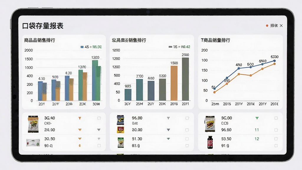 主体:口袋存量报表页面,展示柱状图和折线图,有商品销售排行。布局:平板电脑横屏展示,图表占据主要区域。排版:三个图表并排,颜色区分。风格:商务简洁,背景浅灰。细节:坐标轴清晰,数据标签显示具体数值,排行列表有商品缩略图。画质:高分辨率,干净,无多余元素