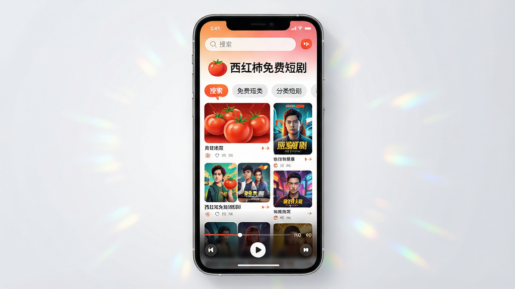 主体:一部智能手机屏幕显示西红柿免费短剧APP界面,界面中有红色西红柿图标和“西红柿免费短剧”文字标题,下方排列着多个短剧封面缩略图,画面色彩鲜艳明亮。布局:手机居中,屏幕内容清晰可辨,周围有柔和的光影效果,背景为浅灰色渐变。排版:手机竖屏展示,界面顶部有搜索栏和分类标签,中部是瀑布流视频卡片,底部有播放按钮。风格:现代扁平化设计,简洁清爽,色彩饱和度高。细节:屏幕中播放器界面有播放进度条和清晰度选项,短剧封面风格多样。画质:8K超高清,干净无多余元素。