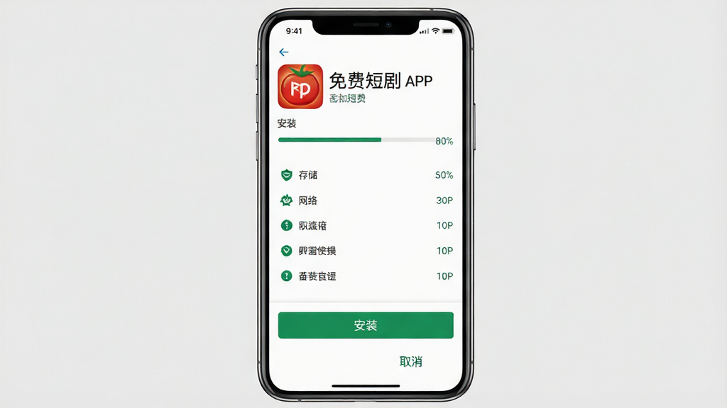 主体:一张智能手机截图展示西红柿免费短剧APP的安装界面,屏幕上显示“安装”按钮和权限列表。布局:手机居中,背景为纯色,安装界面清晰。排版:权限列表以条状显示,底部有“安装”和“取消”按钮。风格:系统原生界面,简洁明了。细节:安装进度条显示80%,权限列表包括存储、网络等。画质:1080P高清,干净无多余元素。