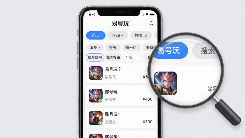 ���壺�׺���APP������ɸѡ���ܽ��棬�ֻ���Ļ��չʾɸѡ��壬������Ϸ���ࡢ�۸����䡢�˺ŵȼ���ѡ��·��г������������˺ſ�Ƭ�����֣��ֻ���Ļ���У��Ҳ��зŴ�ͼ��Ŵ�չʾϸ�ڡ��Ű棺ɸѡ�����Ժ����ǩ��ʽ���У��˺ſ�Ƭ�����б����֡������ˬ��UI��ƣ�����Ϊǳ��ɫ��ϸ�ڣ���Ļ���С��׺��桱��Logo��ɸѡ��ǩ������ʾ���˺ſ�Ƭ��ʾ��Ϸͼ��ͼ۸񡣻��ʣ�����ϸ�壬�ɾ����޶���Ԫ�ء�