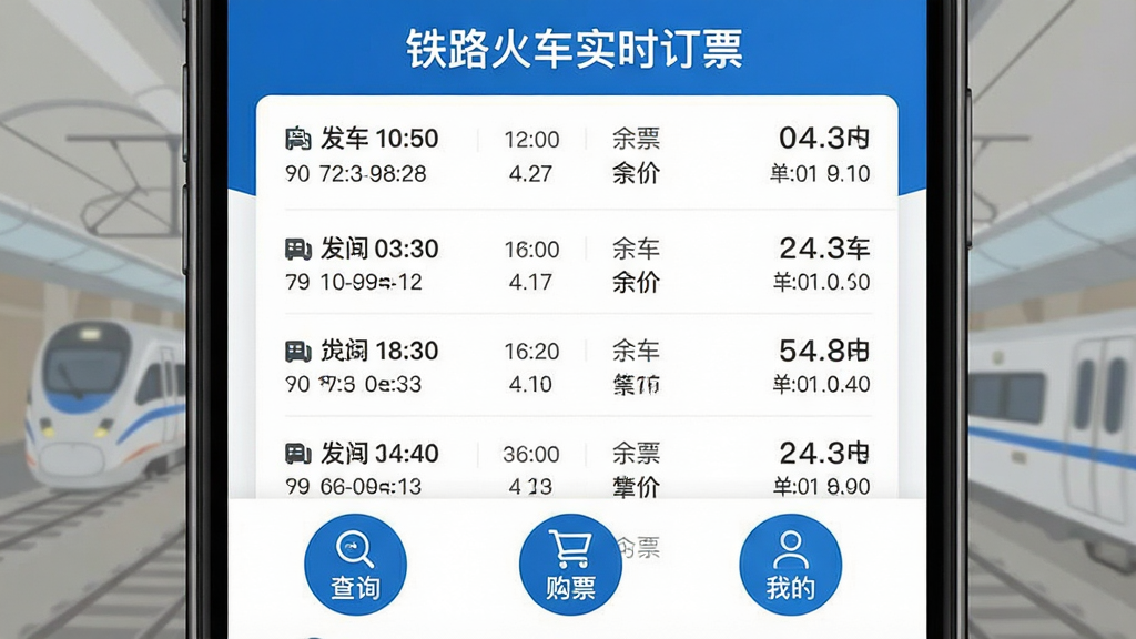 һ�������ֻ���Ļչʾ��·��ʵʱ��ƱӦ�������棬���涥����ʾ����·��ʵʱ��Ʊ��Ʒ���������в����б���ʽ�������ж��˸����������г����Ρ�����ʱ�䡢��Ʊ������Ʊ����Ϣ���ײ����С���ѯ������Ʊ�����ҵġ�����Բ�ε�����ť�����岼�ּ�����죬����ɫ�Ͱ�ɫΪ��ɫ����ͼ���������������ʸ��壬����ɾ��޶���Ԫ�ء�