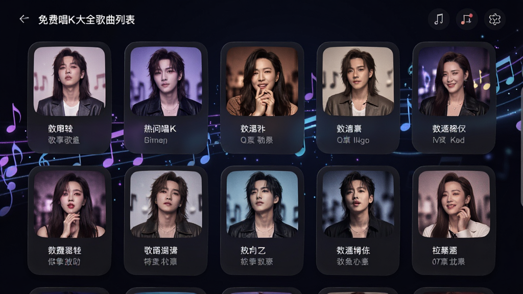 免费唱k大全歌曲列表页面,展示热门歌曲封面、歌名和歌手名,背景为流动音符特效,界面采用深色主题,歌曲卡片圆角设计,排版整齐,高清渲染,画质细腻