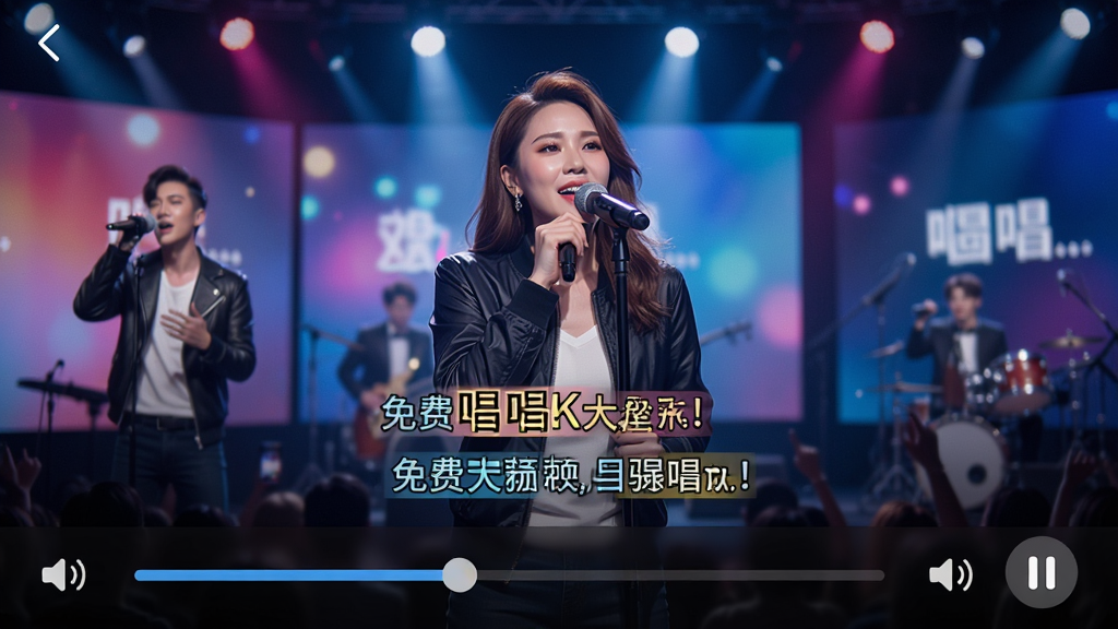 免费唱k大全MV播放界面,歌手在舞台上演唱,背景变换,歌词逐字高亮,界面有音量调节和暂停按钮,画质细腻,色彩鲜艳,干净无多余元素