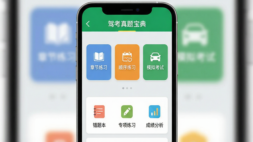 一张竖版手机界面展示图,屏幕内显示“驾考真题宝典”APP主页面,顶部为绿色导航栏,中间是“章节练习”、“顺序练习”、“模拟考试”三个彩色功能按钮卡片,下方列出“错题本”、“专项练习”、“成绩分析”图标,背景为浅灰色,整体排版简洁清晰,扁平化风格,高清画质,干净无多余元素