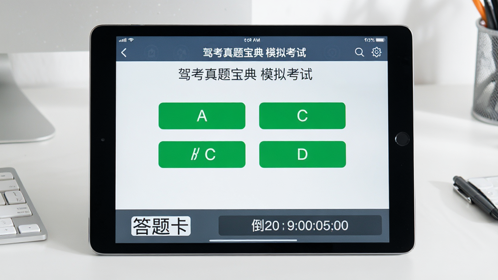 一张平板电脑横屏展示图,屏幕中打开“驾考真题宝典”的全真模拟考试界面,顶部显示“驾考真题宝典 模拟考试”,中间是一道选择题,选项为A/B/C/D四个绿色按钮,底部是答题卡和倒计时器,画面风格清爽写实,屏幕亮度适中,背景为简洁的桌面环境,高清画质,干净无多余元素