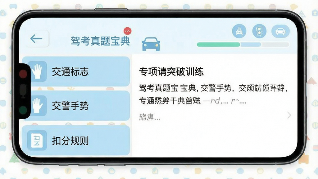 一张手机竖屏截图,显示“驾考真题宝典”的专项突破训练界面,左侧是“交通标志”、“交警手势”、“扣分规则”等浅蓝色分类列表,右侧是白色背景上的题目详情,顶部有返回按钮和进度条,界面色彩清新柔和,扁平化设计,画质清晰,干净无多余元素