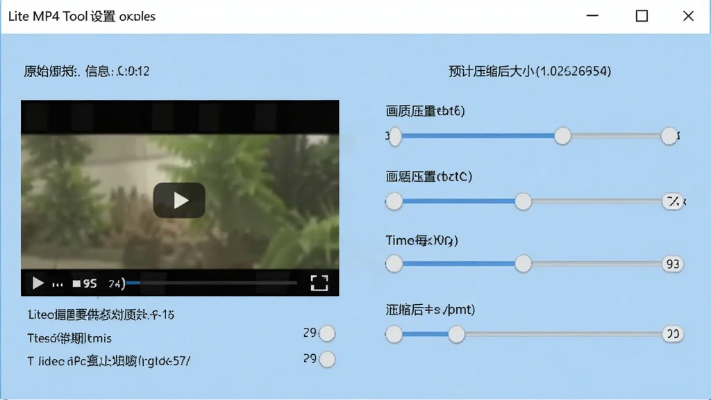 展示Lite MP4 Tool压缩设置界面,有滑块调节画质与压缩比例,左侧是原始视频信息,右侧是预计压缩后大小,背景为浅蓝色,界面简洁明了,突出压缩功能,画质干净清晰