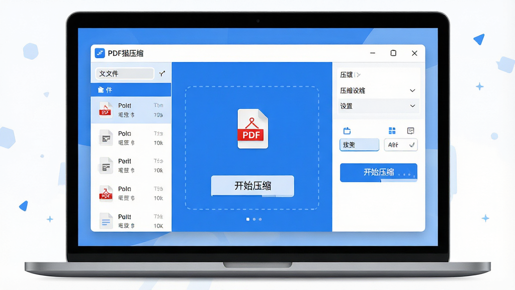 主体:“PDF猫压缩”软件界面扁平化展示,一台笔记本电脑屏幕内显示软件主窗口,窗口中有拖拽文件区域的蓝色虚线框和醒目的“开始压缩”按钮。布局:电脑居中,界面元素清晰,左侧为文件列表,右侧为压缩设置选项。排版:简洁明快,图标化功能按钮,界面采用蓝白配色。风格:科技感现代UI设计,界面干净通透。细节:屏幕中文件图标带有PDF红色标识,压缩按钮有微小进度条动画。画质:4k高清,干净,无多余元素。