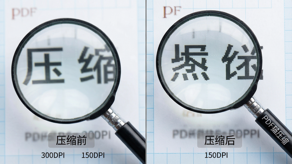 主体:放大镜特写观察PDF文件压缩前后的文字清晰度对比,左侧标签“压缩前”,右侧标签“压缩后”。布局:左右分屏对比,中间用一条纤细的灰色分隔线隔开,放大镜位于右侧画面上方。排版:对比效果直观,下方有参数小字“300DPI”与“150DPI”。风格:微距摄影风格,细节丰富。细节:放大镜手柄上有“PDF猫压缩”字样水印,背景为淡蓝色网格。画质:超清画质,干净,无多余元素。