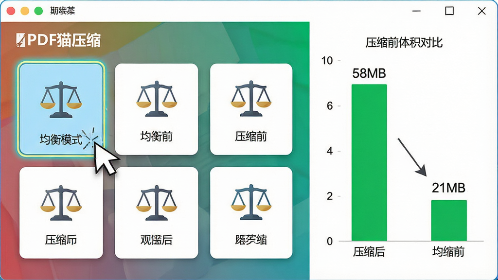 主体:“PDF猫压缩”软件功能演示场景,鼠标光标点击“均衡模式”选项。布局:软件窗口占据画面主体,右侧显示压缩前后的文件大小对比柱状图,绿色代表压缩后体积。排版:功能选项以卡片式排列,当前选中卡片有高亮描边。风格:写实风格结合UI界面,色彩明亮。细节:柱状图上有明显的数字“58MB”变为“21MB”,卡片图标为天秤造型表示均衡。画质:高分辨率,干净,无多余元素。