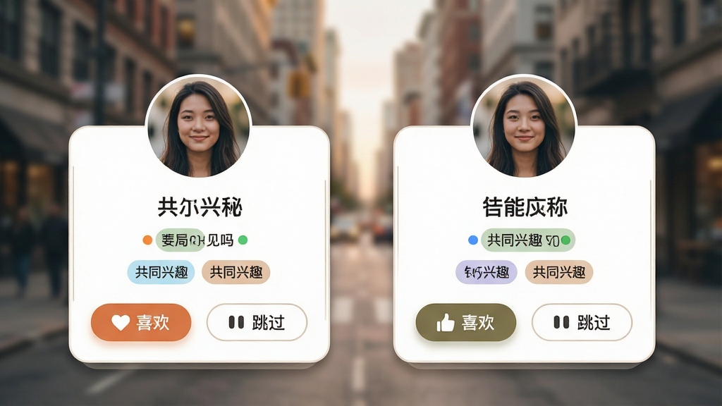主体:“见吗”App的智能匹配功能界面,展示两张用户卡片并排,卡片上显示用户头像、昵称、共同兴趣标签,卡片下方有“喜欢”和“跳过”按钮。布局:两张卡片左右对称,背景为模糊的城市街景,营造真实社交氛围。排版:卡片采用圆角矩形,头像位于卡片上方,信息排列整齐,按钮在卡片底部居中。风格:清新自然,色调温暖,卡片有轻微阴影,整体视觉轻盈。细节:卡片边缘有细线描边,头像清晰,标签用彩色小圆点标示,按钮有图标和文字。画质:高清,干净,无多余元素。