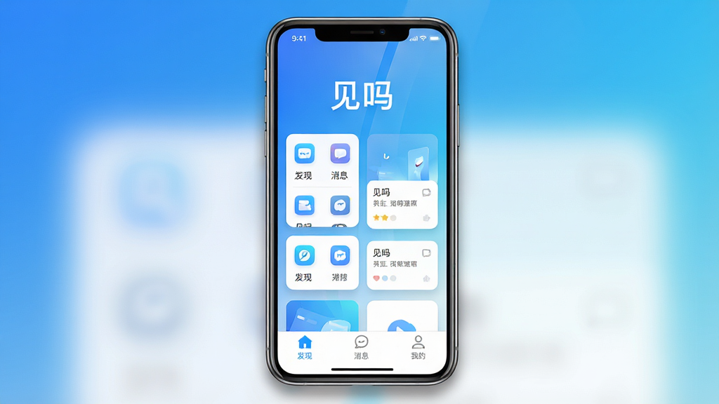 主体:见吗App的启动界面或主界面截图风格,展示手机屏幕上的软件界面,界面有“见吗”字样以及“发现”、“消息”、“我的”等底部导航栏。布局:手机居中,屏幕内显示清晰的功能图标和卡片式布局,背景为渐变色。排版:界面元素整齐,卡片之间留白适当,整体视觉重心在屏幕中央。风格:现代扁平化设计风格,色彩明亮,以蓝色和白色为主色调。细节:屏幕反射出柔和光线,边缘有细微阴影,界面上的文字清晰可读,图标线条流畅。画质:高清渲染,4K分辨率,干净,无多余元素。