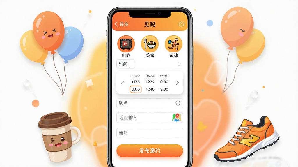 主体:“见吗”App的邀约发布界面,展示一个正在创建邀约的手机页面,页面上有活动类型图标(如电影、美食、运动)、时间选择器、地点输入框和“发布邀约”按钮。布局:手机屏幕占画面中央,周围有半透明的装饰元素如气球、咖啡杯、跑鞋等,象征不同活动。排版:界面元素垂直排列,从上到下依次为类型选择、时间、地点、备注、按钮,布局规整。风格:插画风格与真实界面结合,色彩活泼,以橙色和黄色为主,充满活力。细节:每个活动图标都有小表情,时间选择器显示具体日期和时间,地点输入框有地图小图标,按钮为渐变橙色。画质:高清,画面干净,无多余元素。