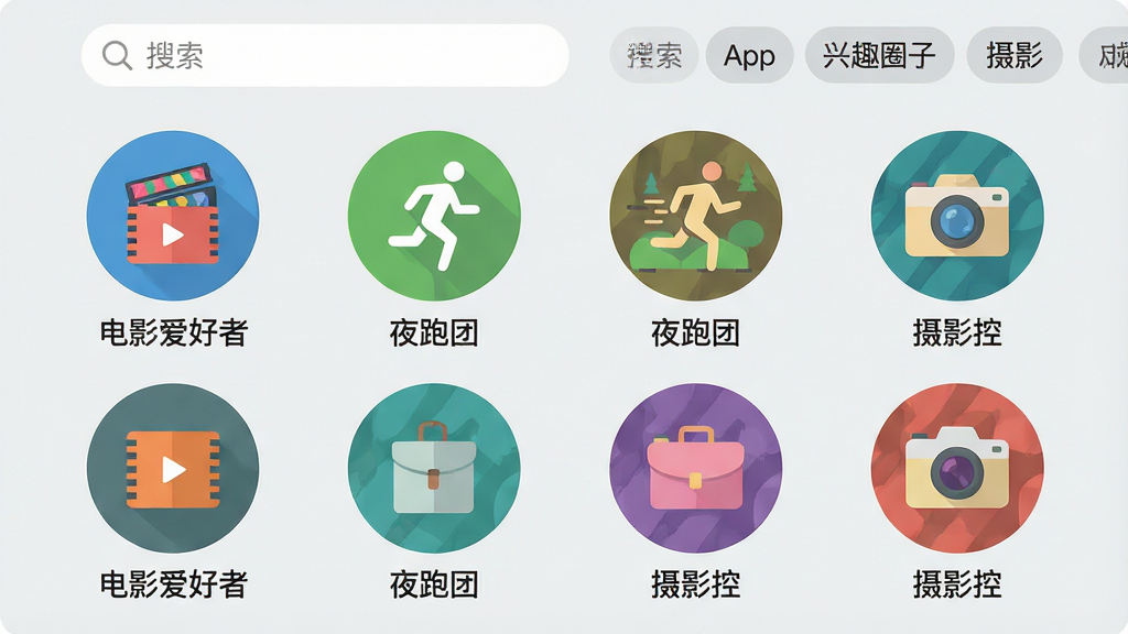 主体:“见吗”App的兴趣圈子列表页面,展示多个圆形图标排列成网格,每个图标代表一个圈子,图标下方标注圈子名称如“电影爱好者”、“夜跑团”、“摄影控”。布局:网格布局,每行4个图标,背景为淡灰色,顶部有搜索框和分类标签。排版:图标大小均匀,排列整齐,名称文字在图标下方居中,整体简洁。风格:扁平化设计,图标色彩各异,背景干净,视觉舒适。细节:图标使用简洁的线条和色块组合,搜索框有放大镜图标,分类标签可左右滑动。画质:高清,干净,无多余元素。