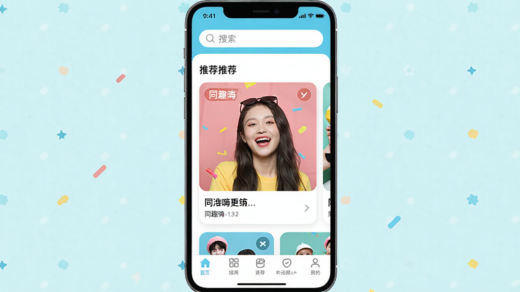 一张展示同趣嗨App主界面的高清截图,界面包含底部导航栏、顶部搜索框和推荐内容卡片,整体风格清新活泼,色彩明快,布局简洁,画质干净,无多余元素。