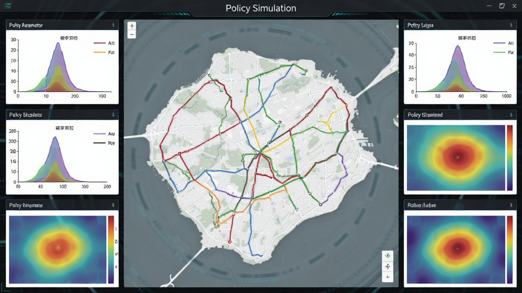 主体为Policy Simulation的多情景模拟界面,布局为中央地图与周边多个参数面板,排版采用环绕式信息架构,风格为数据可视化科技风,细节包括不同颜色代表不同情景的路径线条、概率密度图、风险热力图,画质精细,干净无多余元素,软件名称“Policy Simulation”显示在顶部