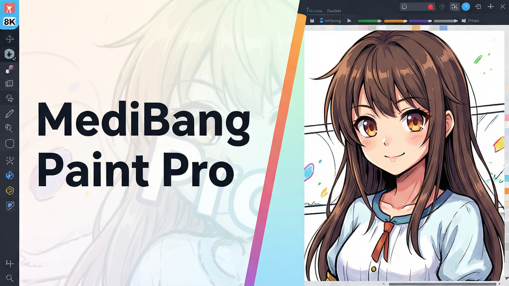 主体:MediBang Paint Pro软件界面及绘画作品展示。布局:左侧为软件Logo与名称“MediBang Paint Pro”,右侧为使用该软件绘制的动漫角色插画。排版:中间采用渐变分割线,文字信息清晰醒目。风格:现代扁平化设计,色彩鲜明活泼,背景淡雅。细节:画面干净,突出软件名称字符,插画细节丰富,展示漫画线条与上色效果。画质:8K高清,干净,无多余元素。