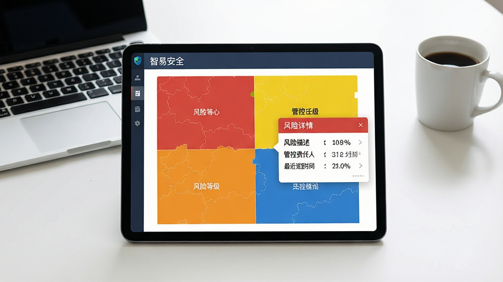 一张展示“智易安全”风险管控功能的界面设计图,主体为平板电脑横屏显示的四色风险分布地图,红橙黄蓝四色区块清晰标注不同风险等级区域,点击某区域弹出风险详情卡片,包含风险描述、管控责任人、最近巡查时间。背景为简洁的工作台,放置有笔记本电脑、咖啡杯。布局以平板为中心,四周留白,排版采用扁平化设计风格,色彩稳重专业,细节丰富,画质高清,干净无多余元素。