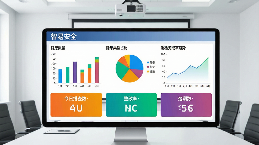一张展示“智易安全”数据统计功能的仪表盘预览图,主体为宽屏显示器或平板横屏,屏幕显示各类彩色统计图表,包括柱状图(隐患数量)、饼图(隐患类型占比)、折线图(巡检完成率趋势)、数字卡片(今日排查数、整改率、逾期数)。背景为简洁的会议室,有投影仪幕布。布局以屏幕为中心,图表排列整齐,排版采用商务数据可视化风格,色彩明快,细节清晰,画质高清,干净无多余元素。
