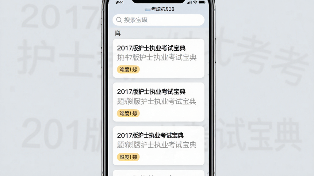 主体:2017版护士执业考试宝典题库界面,显示各类题型分类和题目列表,布局:手机竖屏界面,上方为搜索栏,下方为题目卡片流,排版:卡片式布局,每张卡片显示题目摘要和难度标签,风格:清新简洁,背景为浅灰色,细节:卡片上有“2017版护士执业考试宝典”水印,画质:清晰,干净,无多余元素