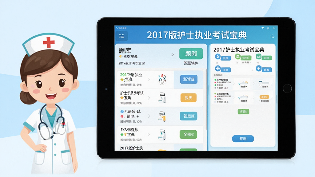 主体:2017版护士执业考试宝典软件主界面,展示在平板电脑上,屏幕中显示题库列表和答题页面,布局:平板电脑居中,背景为淡蓝色渐变,左侧有护士卡通形象,右侧为软件界面截图,排版:界面清晰,功能按钮排列整齐,风格:现代扁平化设计,色彩明亮,细节:屏幕上有“2017版护士执业考试宝典”字样,画质:高清,干净,无多余元素