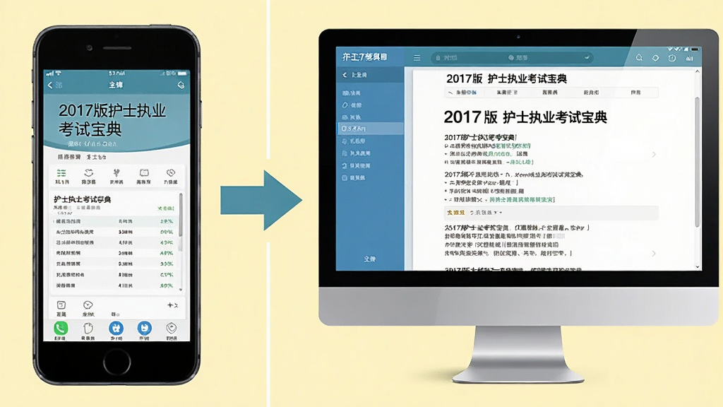 主体:2017版护士执业考试宝典在手机和电脑上的使用场景对比图,布局:左右分屏,左侧为手机竖屏,右侧为电脑显示器,排版:中间用箭头连接,风格:写实插画风,细节:设备上显示软件界面,背景为淡黄色,画质:清晰,干净,无多余元素