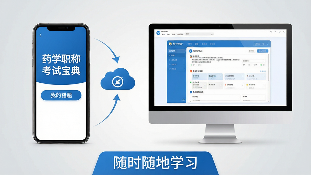 主体:一部手机与一台电脑并排,屏幕均显示药学职称考试宝典的学习界面,手机屏幕上有“药学职称考试宝典”字样及“我的错题”按钮,电脑屏幕显示模拟考试界面。布局:手机在左,电脑在右,背景为浅灰色渐变。排版:界面元素整齐,屏幕内容清晰可见。风格:简约商务风,蓝白配色。细节:手机与电脑之间显示云同步图标,底部有“随时随地学习”的标语。画质:高清渲染,干净无多余元素。