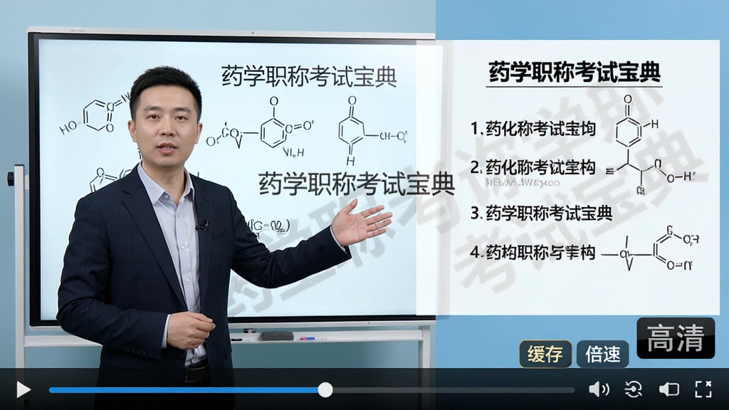 主体:药学职称考试宝典的视频课程页面,画面中一位讲师站在电子白板前讲解药物化学结构式,白板上有“药学职称考试宝典”水印。布局:左侧为讲师半身像,右侧为课件内容,底部为视频进度条与章节列表。排版:课件文字清晰,讲师手势指向关键结构式。风格:教育培训风格,明亮灯光。细节:视频画面右下角显示“高清”标识,进度条上方有“缓存”“倍速”按钮。画质:4K级清晰度,画面干净无多余元素。