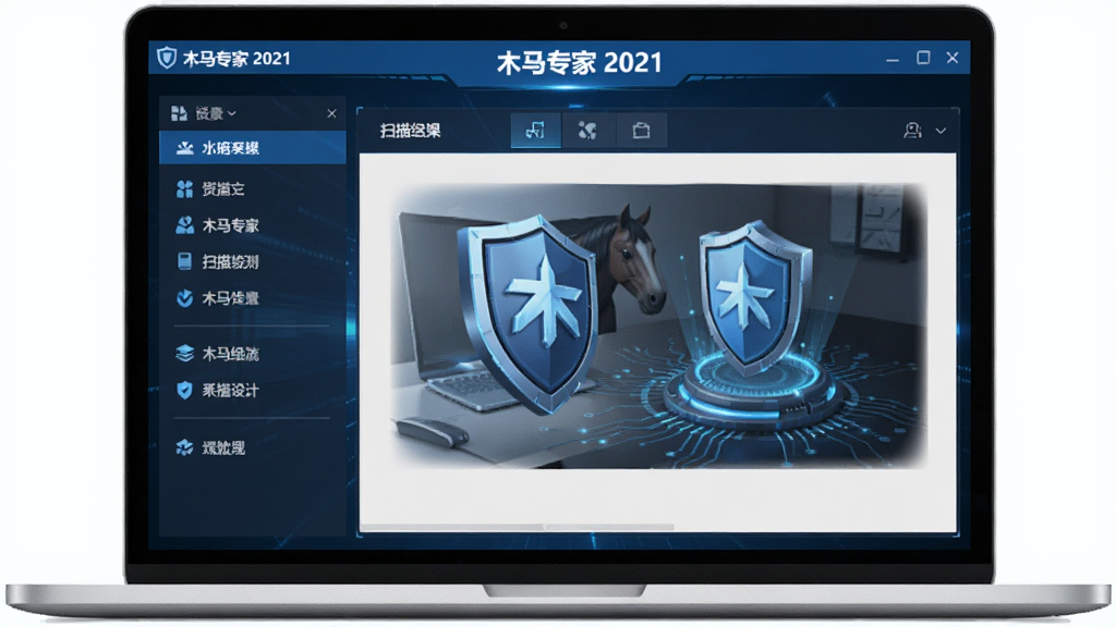 一张高清产品渲染图,主体为“木马专家 2021”软件界面展示在笔记本电脑屏幕中央,布局清晰,左侧功能列表,右侧扫描结果区域,风格科技感十足,蓝色主色调搭配盾牌图标,细节丰富,画质干净,无多余元素