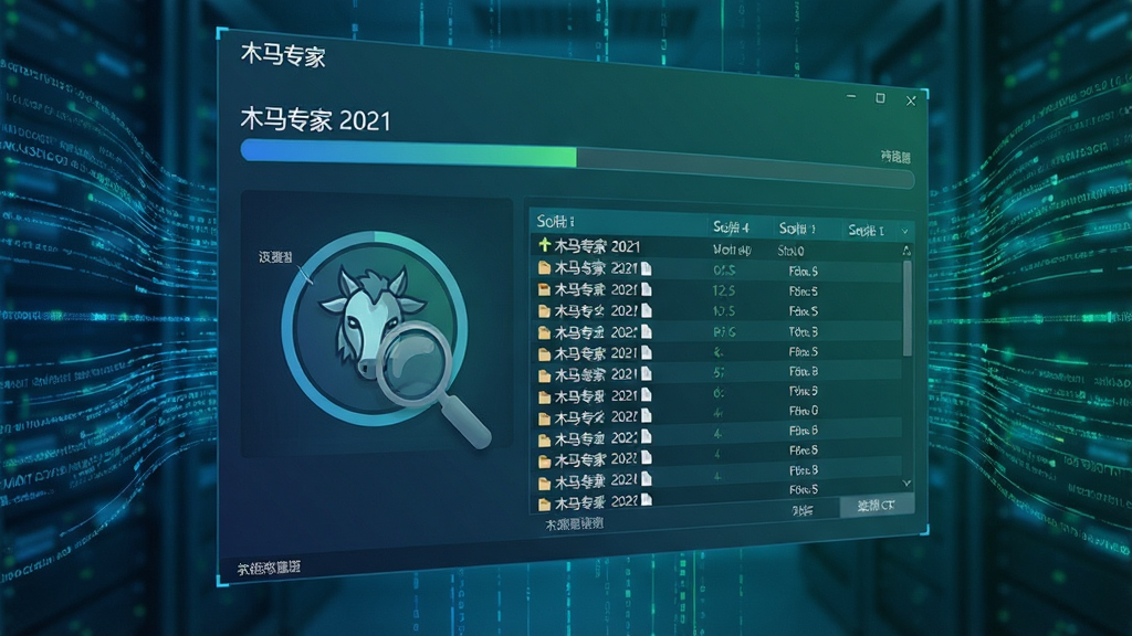 一张动态扫描场景图,主体为“木马专家 2021”软件正在进行全盘扫描,界面显示进度条和扫描文件列表,背景有数据流动线条,布局直观,风格现代,蓝绿色调,细节丰富,画质清晰,无多余元素