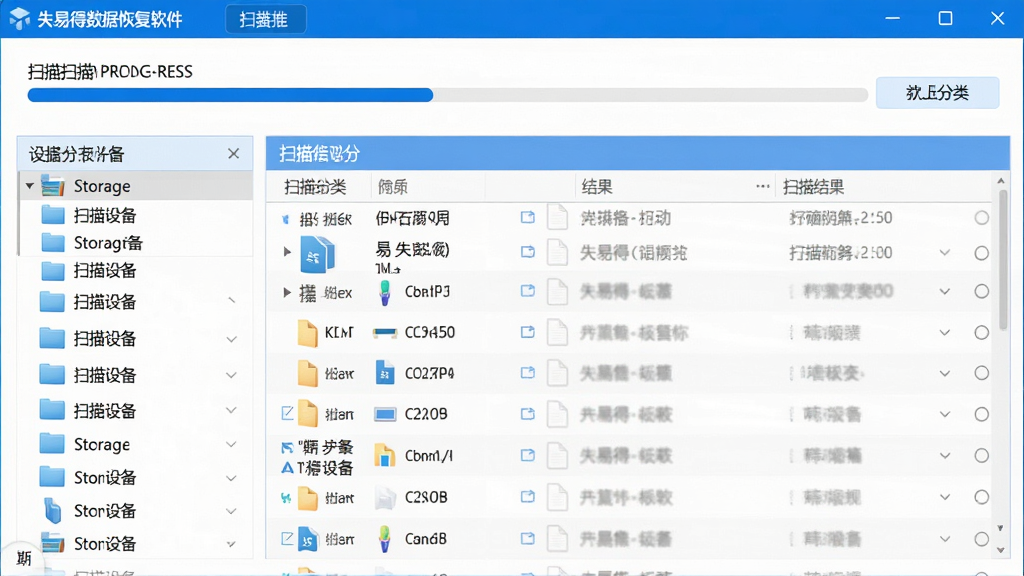 主体:失易得数据恢复软件主界面截图,展示扫描进度条与文件列表。布局:左侧为存储设备列表,右侧为扫描结果分类展示。排版:清晰的功能分区,顶部为操作按钮。风格:现代简约,蓝白配色。细节:界面干净,图标精致。画质:高清,干净,无多余元素。