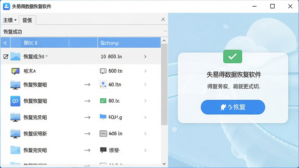 主体:失易得数据恢复软件在电脑上的恢复成功界面。布局:左侧为文件列表,右侧为恢复按钮。排版:清晰的引导步骤。风格:简洁,明亮。细节:显示恢复完成提示。画质:高清,干净,无多余元素。