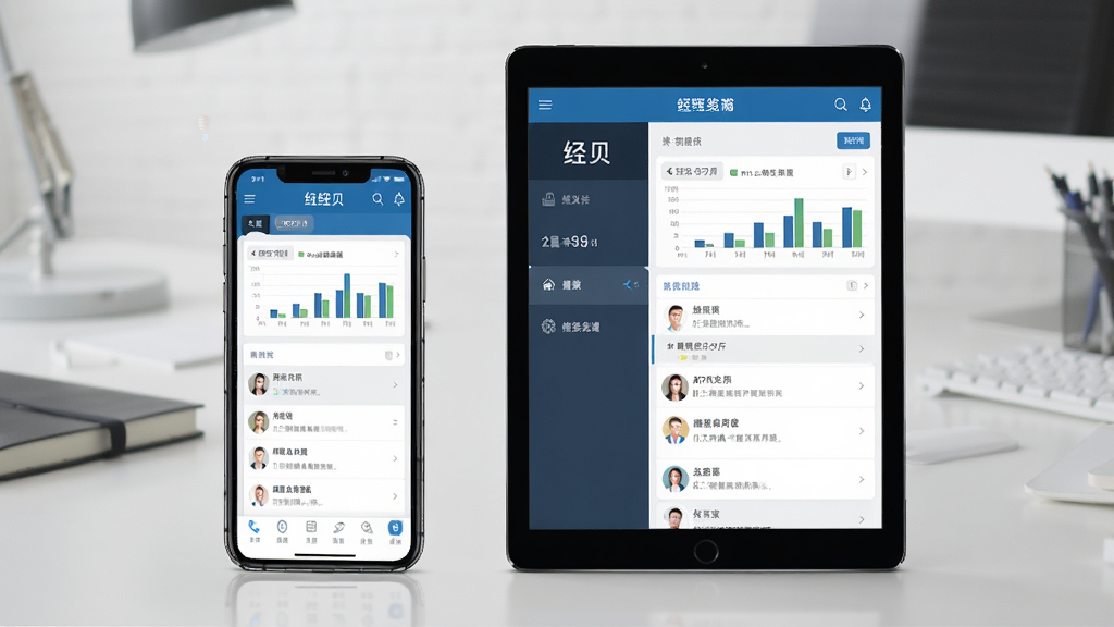 一张展示纽贝医生医生端在多种设备上运行的合成图,主体为一部手机和一台平板电脑并排摆放,屏幕中均显示应用主界面,背景为简洁的书桌,整体布局平衡,风格写实,细节包括屏幕上的数据图表和消息列表,画质高清,干净无多余元素。
