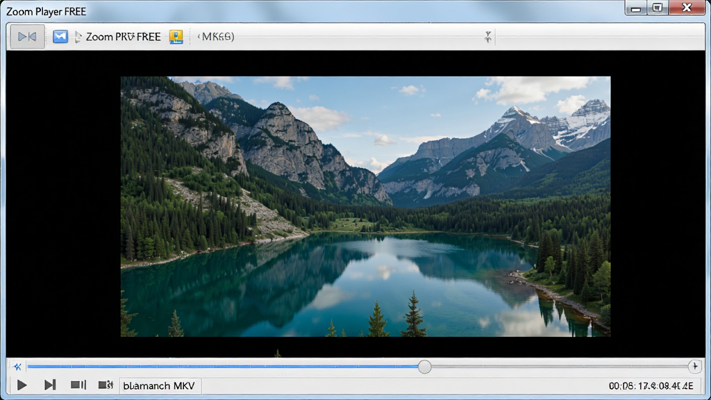 主体:一张电脑屏幕截图,显示 Zoom Player FREE 播放器正在播放一个 MKV 格式的高清视频。布局:屏幕居中,播放器界面完整展示,视频画面为自然风景。排版:播放器工具栏清晰,显示文件名和播放时间。风格:简洁直观,界面清晰。细节:视频画面细腻,播放器边框有“Zoom Player FREE”字样。画质:高清,干净无多余元素。