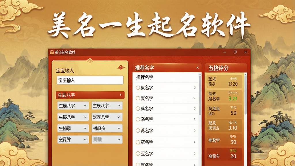 画面主体为“美名一生起名软件”的界面预览图,居中展示主窗口,左侧显示宝宝姓氏输入框与生辰八字选择区,右侧展示推荐名字列表与五格评分。整体布局清晰,上方为软件名称“美名一生起名软件”白色艺术字,背景为淡雅的中国风山水画与祥云纹理,色调以暖金色和朱红色为主,风格古典与现代结合,细节精致,画质高清,干净无多余元素。