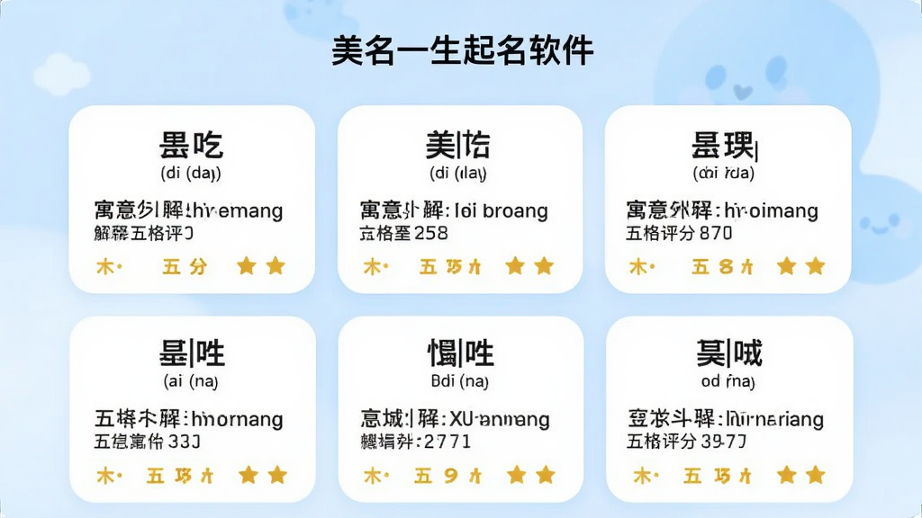 画面主体为“美名一生起名软件”的名字推荐列表界面,展示多个名字卡片,每个卡片包含名字、拼音、寓意解释、五格评分,背景为淡蓝色渐变,卡片圆角设计,整体风格清新明快,文字清晰,画质高,干净无多余元素。
