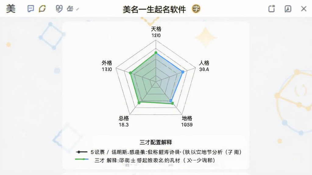画面主体为“美名一生起名软件”的五格数理分析界面,中央显示名字的五行五格雷达图,周围标注天格、人格、地格、外格、总格得分,下方为三才配置解释,背景为浅灰色,图标简洁,风格专业,画质清晰,干净无多余元素。