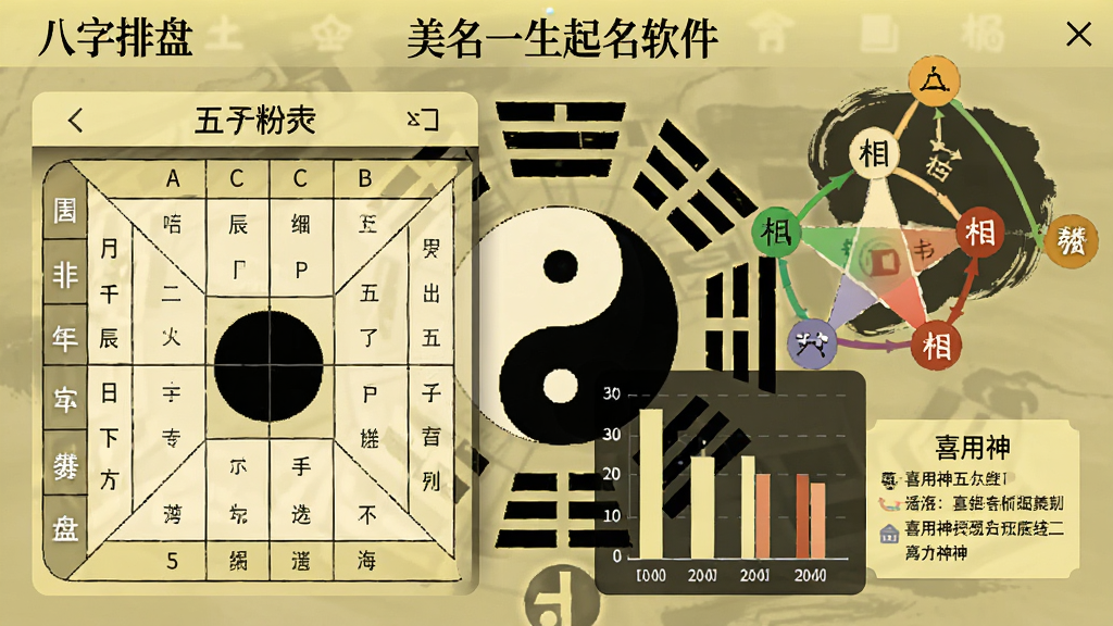 画面主体为“美名一生起名软件”的八字分析功能界面,左侧显示生辰八字排盘表格,右侧为五行统计柱状图与喜用神提示,背景为太极八卦图与五行相生相克图,整体配色为淡黄色与墨色,风格简洁专业,文字标注“八字排盘”“五行分析”等字样,画质清晰,干净无多余元素。