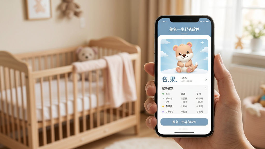 画面主体为“美名一生起名软件”在手机上的使用场景,手持手机展示起名结果界面,背景为温馨的婴儿房,色调柔和,画面清晰,风格自然,画质高,干净无多余元素。